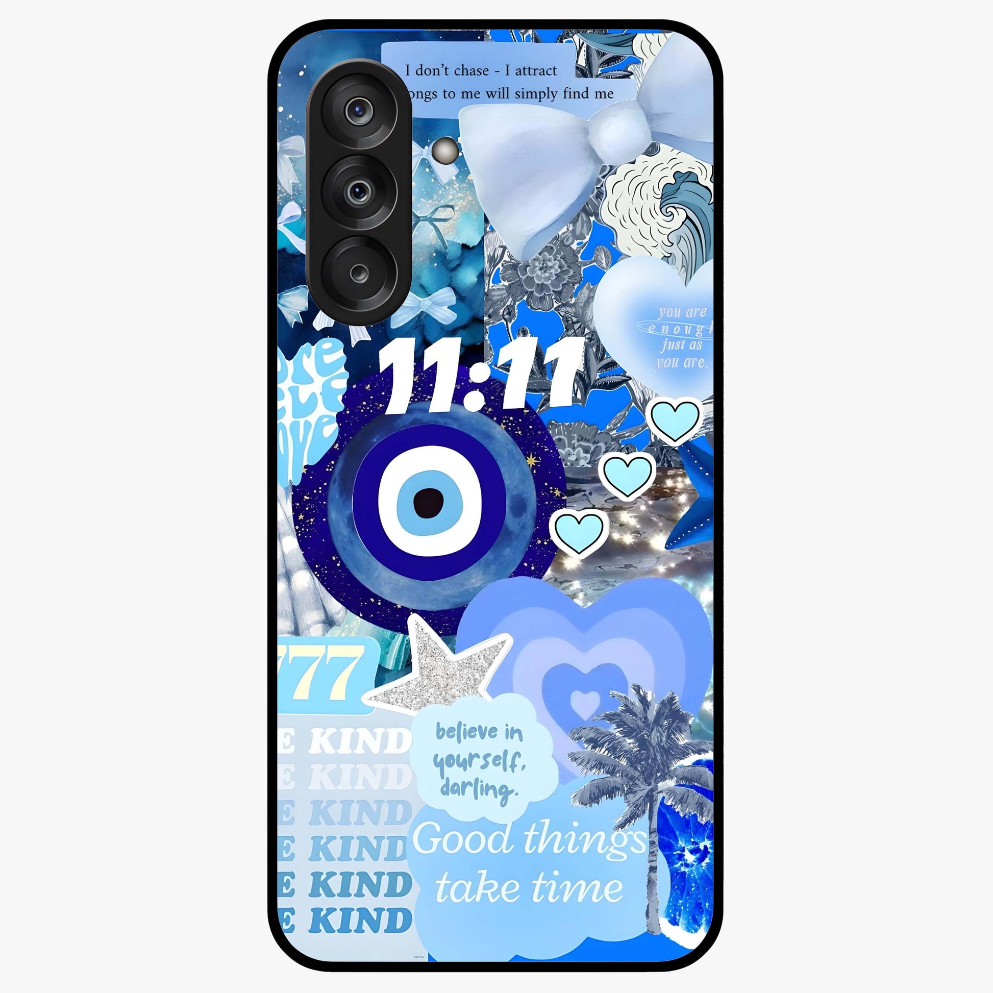 Aesthetic Be Kind Eye Glass Case showing flat back view with motivational eye artwork and glossy glass finish.