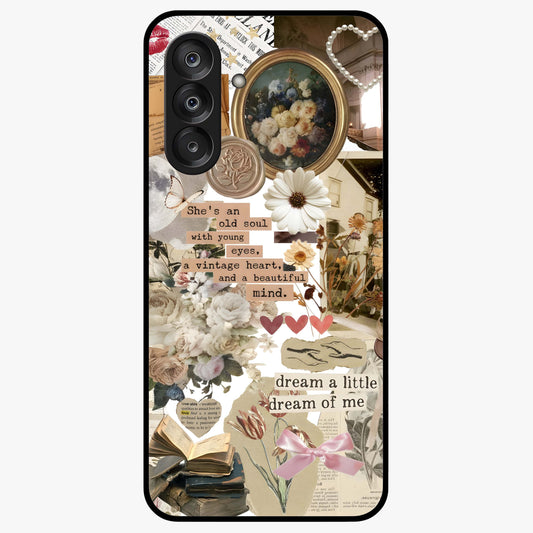 Aesthetic Brown Vintage Collage Glass Case showing flat back view with retro collage artwork and glossy glass finish.