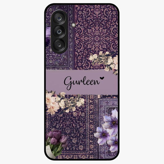 Antique Floral Whisper Custom Name Glass Case showing flat back view with vintage floral artwork and personalized name design.