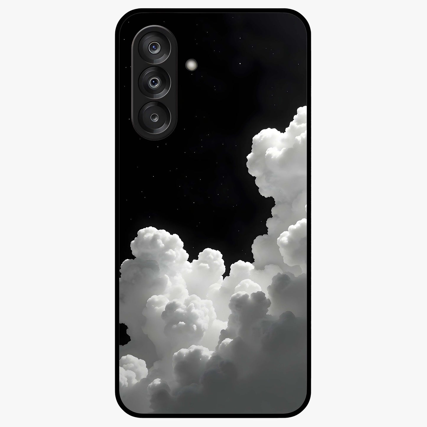 Black Background With White Cloud Glass Case showing flat back view with minimal cloud artwork on dark background and glossy glass finish.
