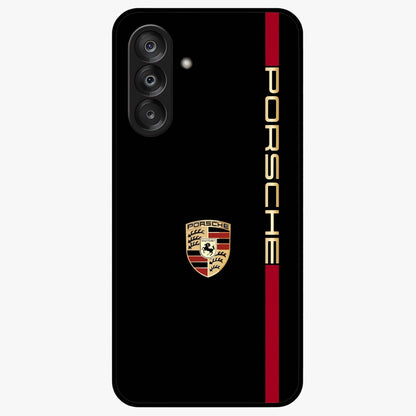 Black Minimal Porsche Glass Case showing flat back view with sleek minimal sports car artwork and glossy glass finish.