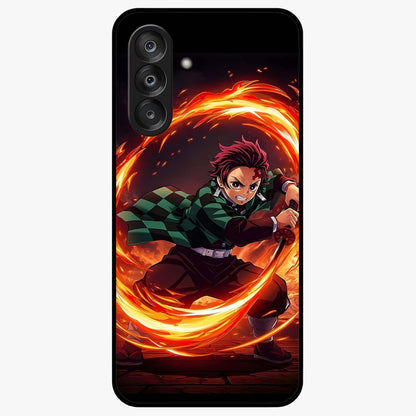 Blazing Sword Resolve Glass Case showing flat back view with fiery sword artwork and glossy glass finish.