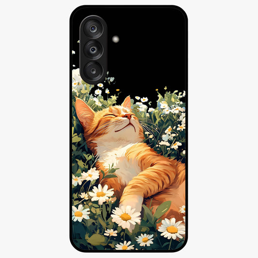 Blissful Bloom Cat Glass Case showing flat back view with cute cat and floral bloom artwork and glossy glass finish.