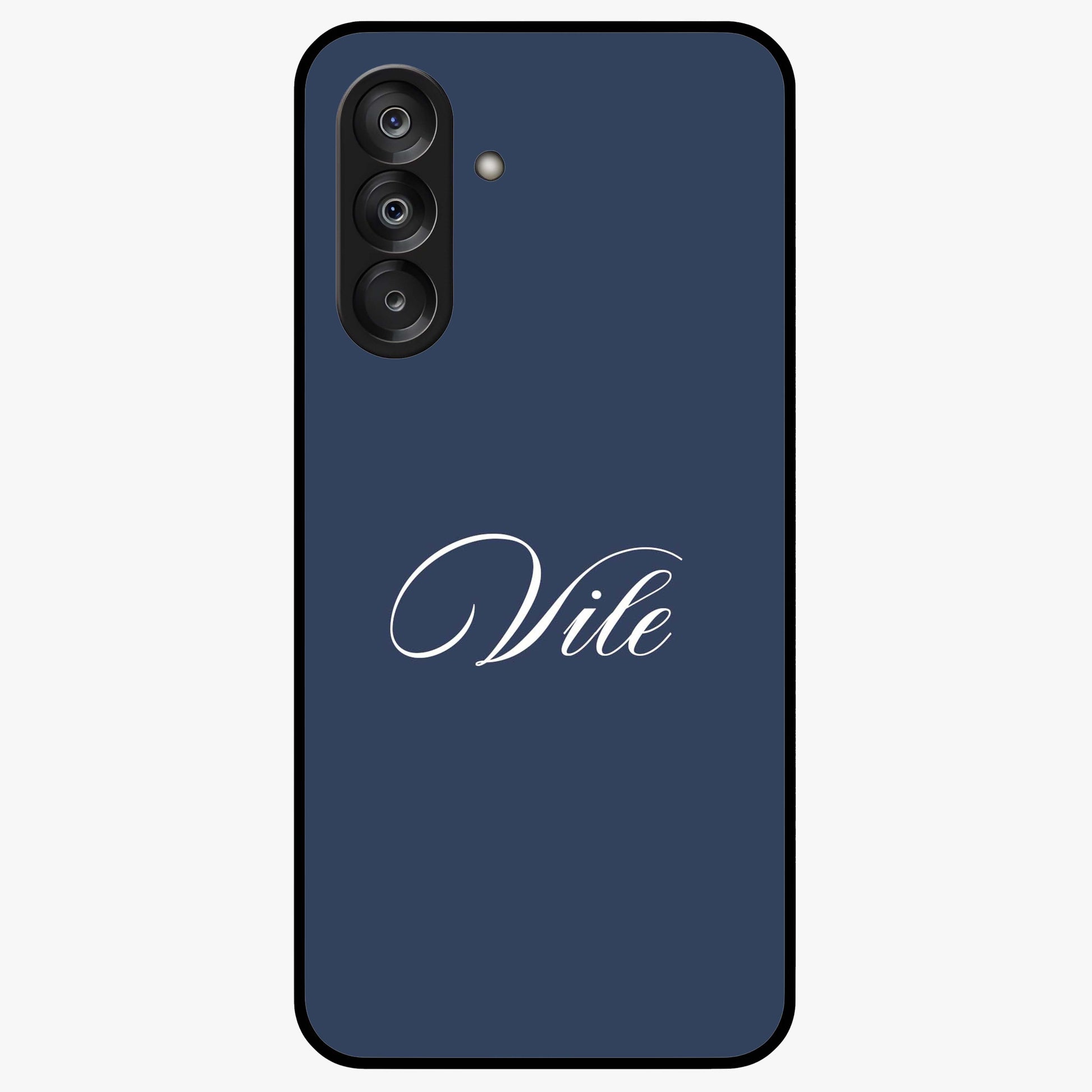 Blue Background Personalized Custom Name Glass Case showing flat back view with minimal blue background and custom name design.