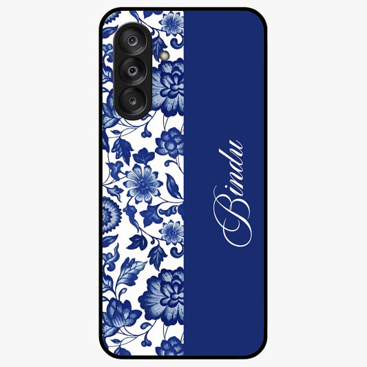 Blue Vintage Floral Pattern Glass Case upright view showcasing timeless floral illustration with vintage inspired style.