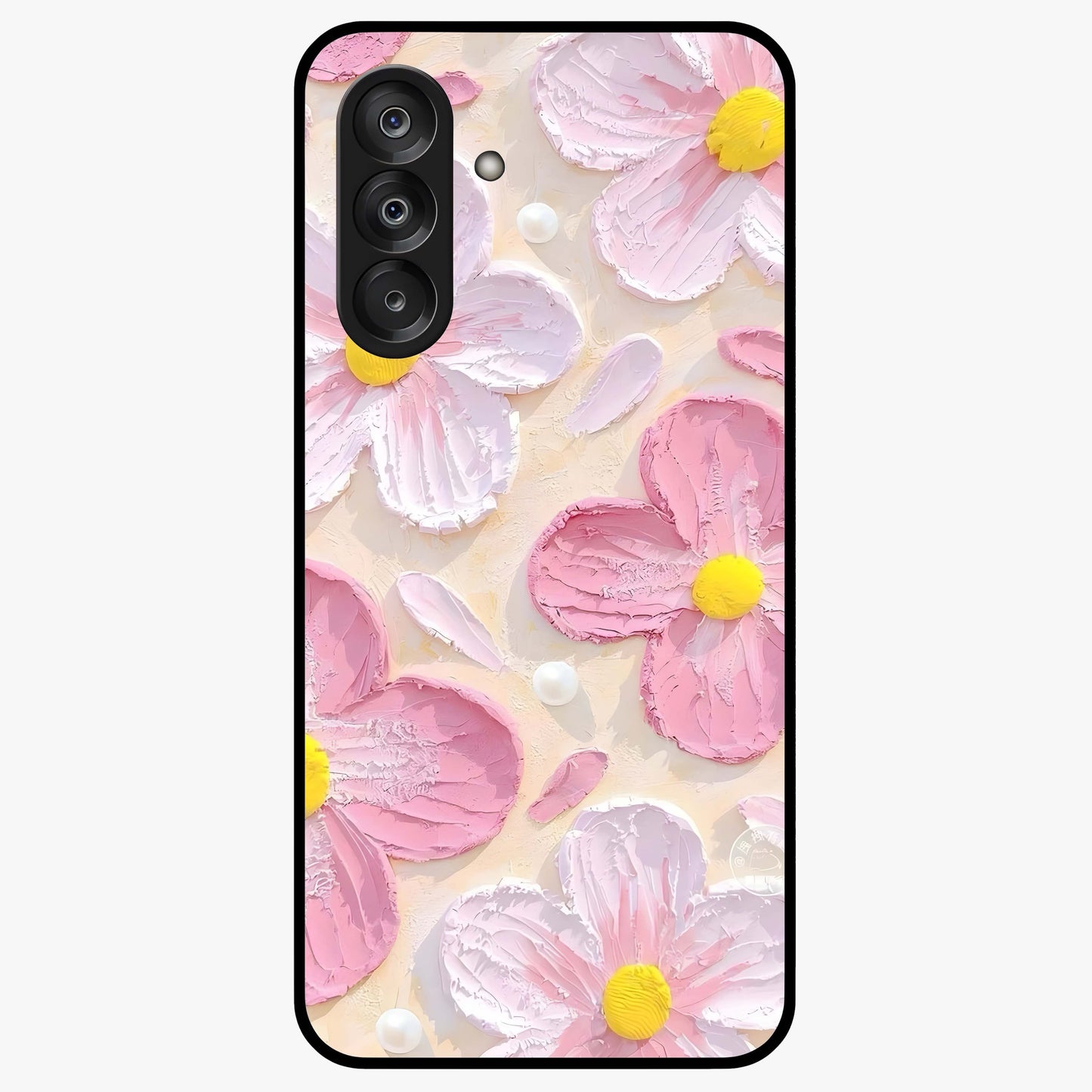 Blush Bloom Texture Glass Case showing flat back view with soft blush floral texture artwork and glossy glass finish.