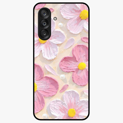 Blush Bloom Texture Glass Case showing flat back view with soft blush floral texture artwork and glossy glass finish.