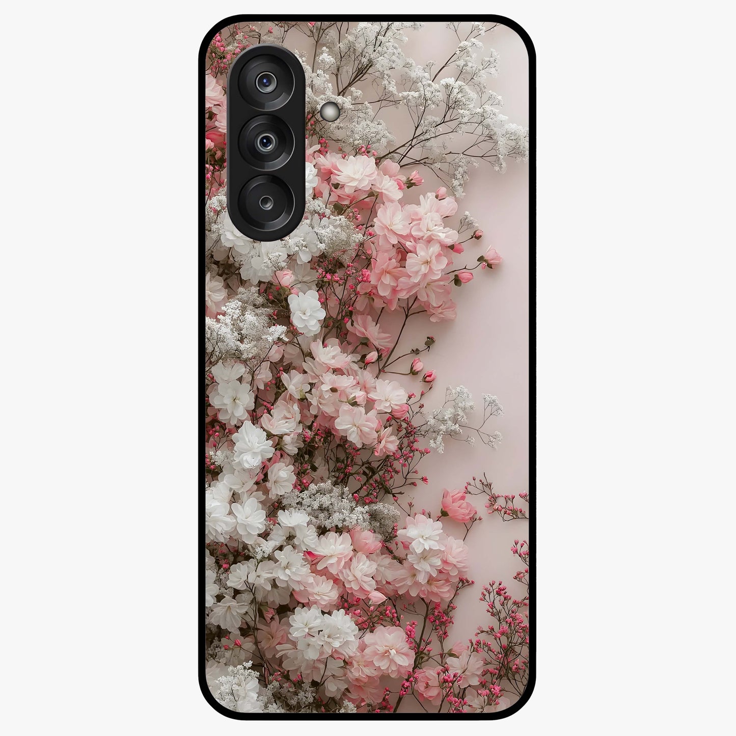 Blush Blossom Cloud Glass Case showing flat back view with dreamy blush cloud blossom artwork and glossy glass finish.
