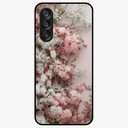Blush Blossom Cloud Glass Case showing flat back view with dreamy blush cloud blossom artwork and glossy glass finish.