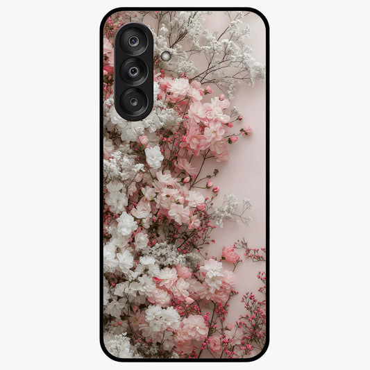 Blush Blossom Cloud Glass Case showing flat back view with dreamy blush cloud blossom artwork and glossy glass finish.