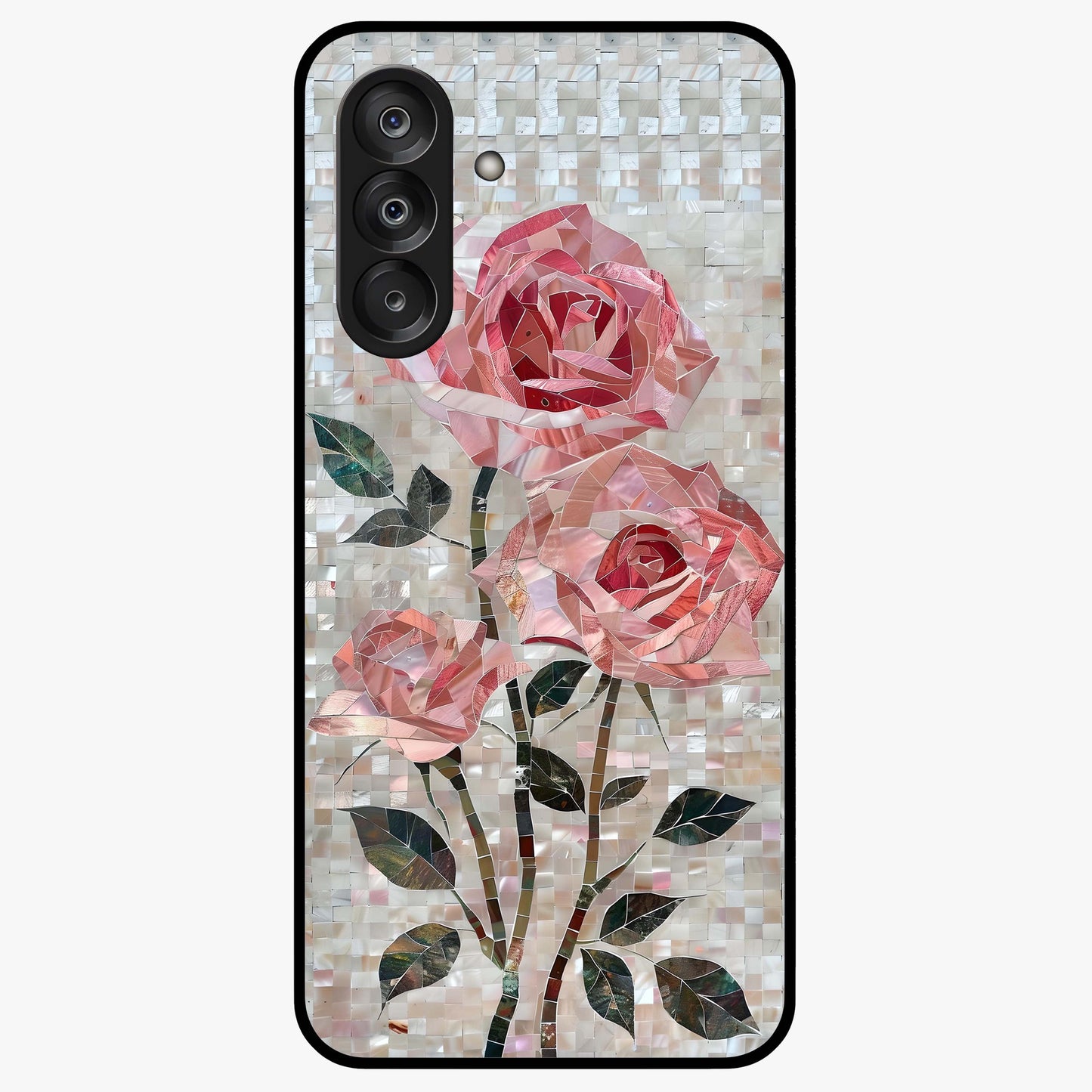 Blush Mosaic Bloom Glass Case showing flat back view with mosaic floral bloom artwork and glossy glass finish.