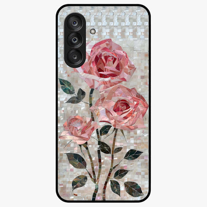 Blush Mosaic Bloom Glass Case showing flat back view with mosaic floral bloom artwork and glossy glass finish.
