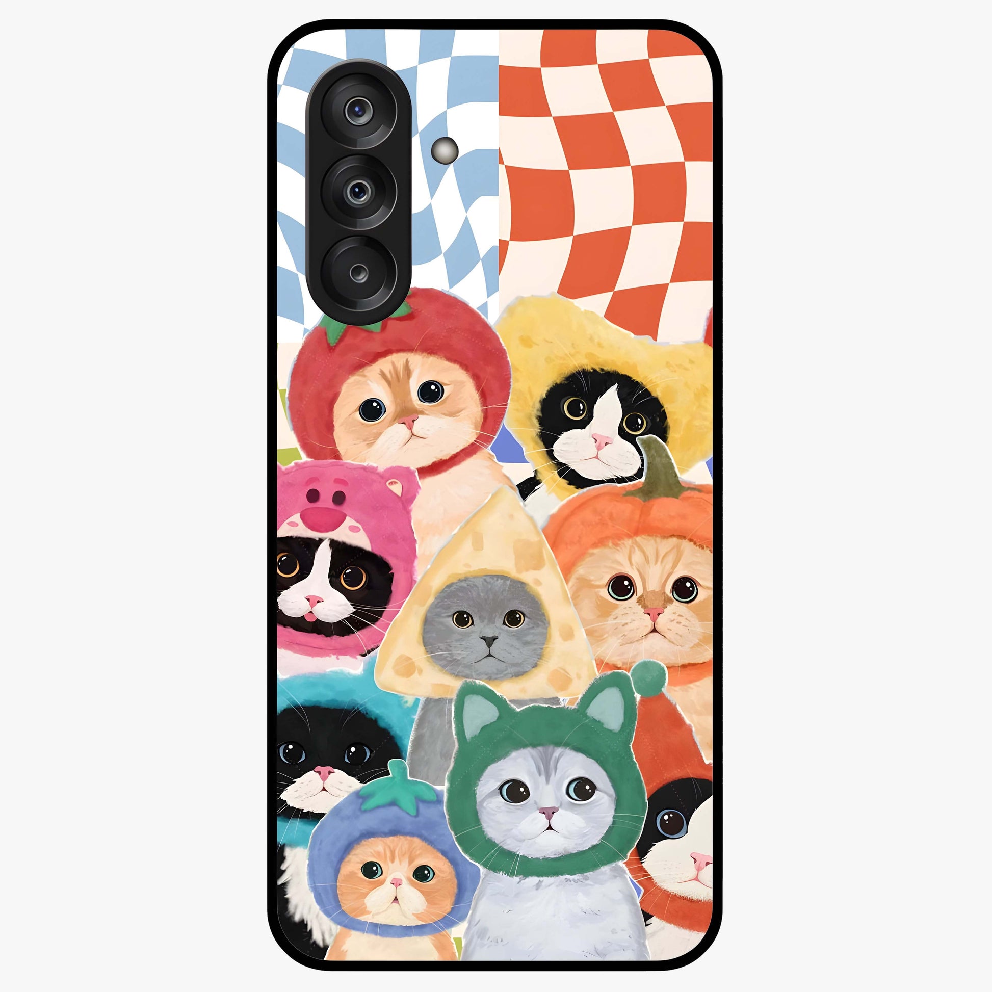 Cats in Fruits Glass Case showing flat back view with playful cat illustrations inside fruit artwork and glossy glass finish.