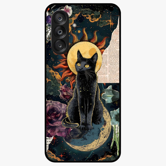 Celestial Black Cat Glass Case showing flat back view with mystical black cat artwork and glossy glass finish.
