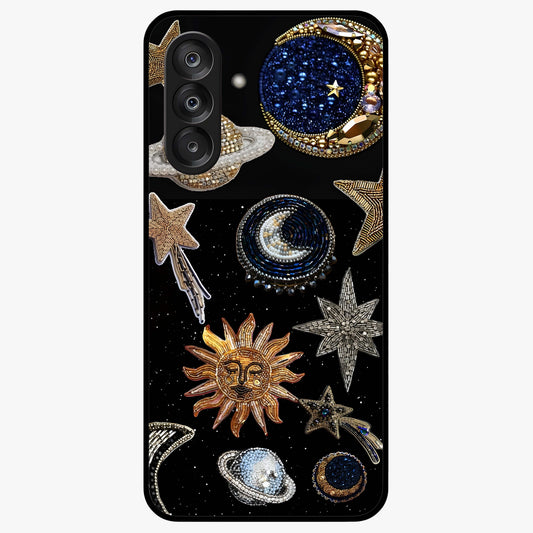 Celestial Gem Constellations Glass Case showing flat back view with sparkling constellation artwork and glossy glass finish.