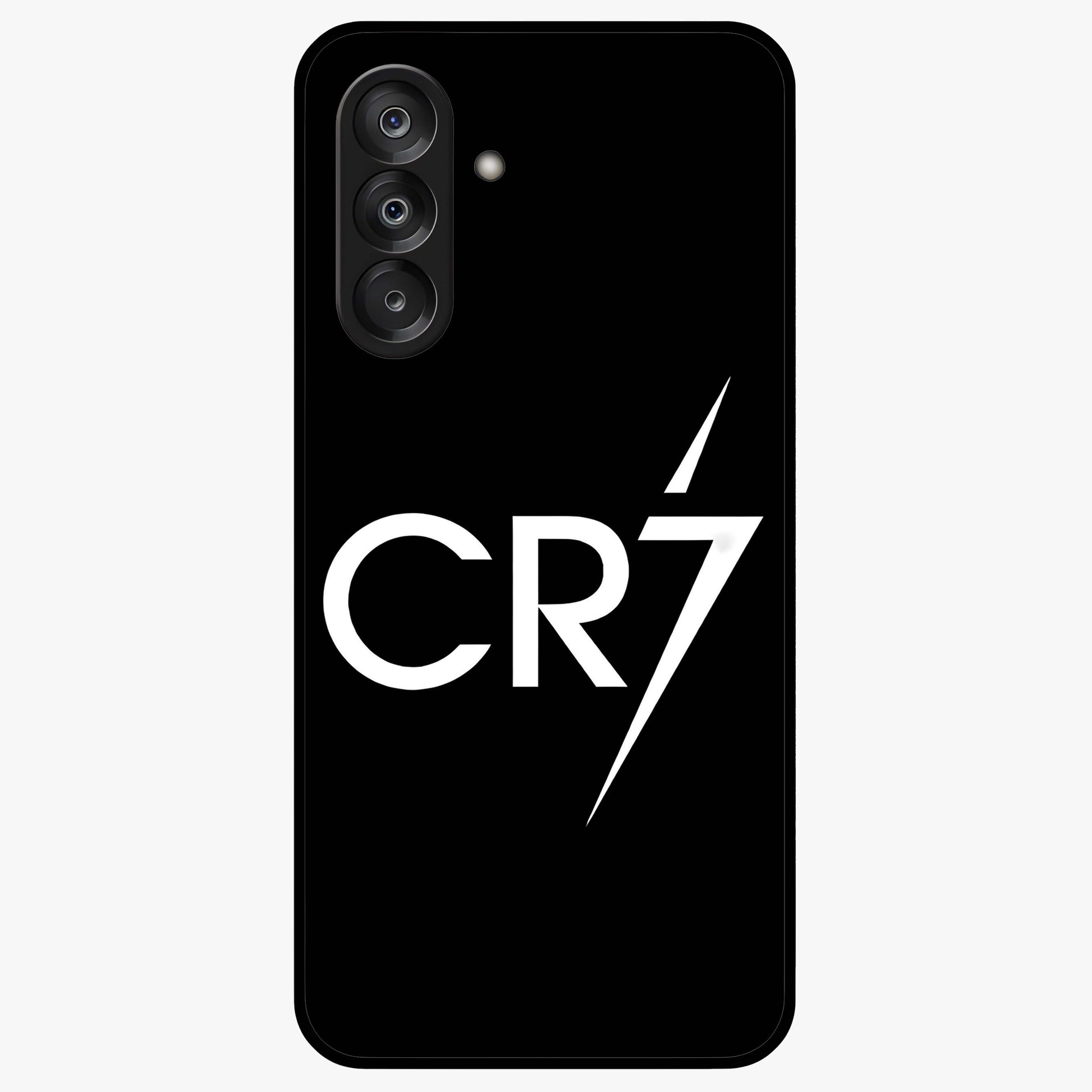 Cr7 Elite Strike Glass Case showing flat back view with dynamic football inspired artwork and glossy glass finish.