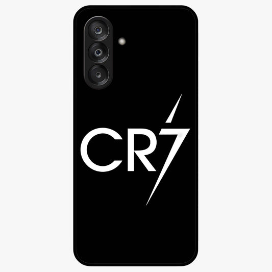 Cr7 Elite Strike Glass Case showing flat back view with dynamic football inspired artwork and glossy glass finish.