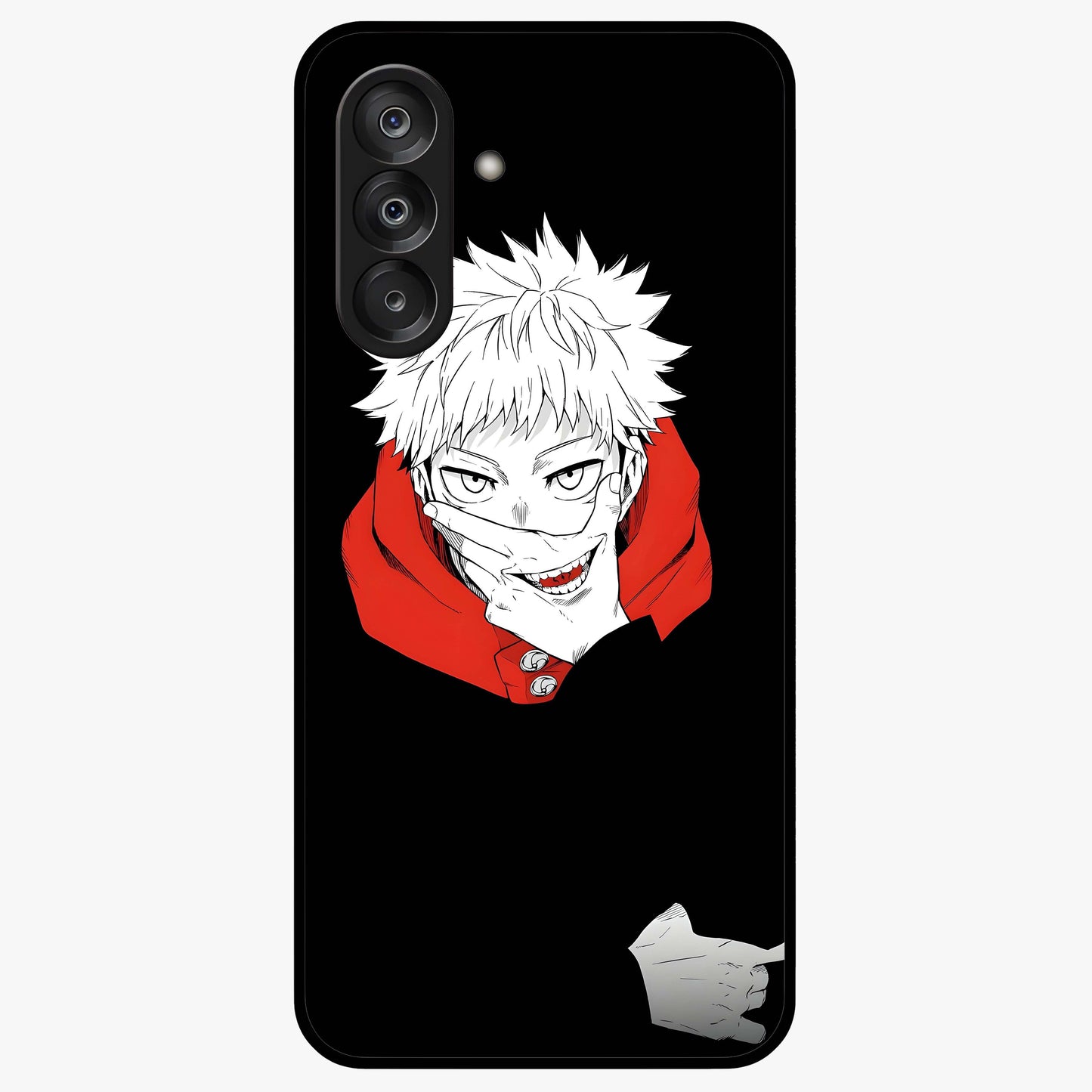 Crimson Chaos Smile Glass Case showing flat back view with bold chaotic smile artwork and glossy glass finish.
