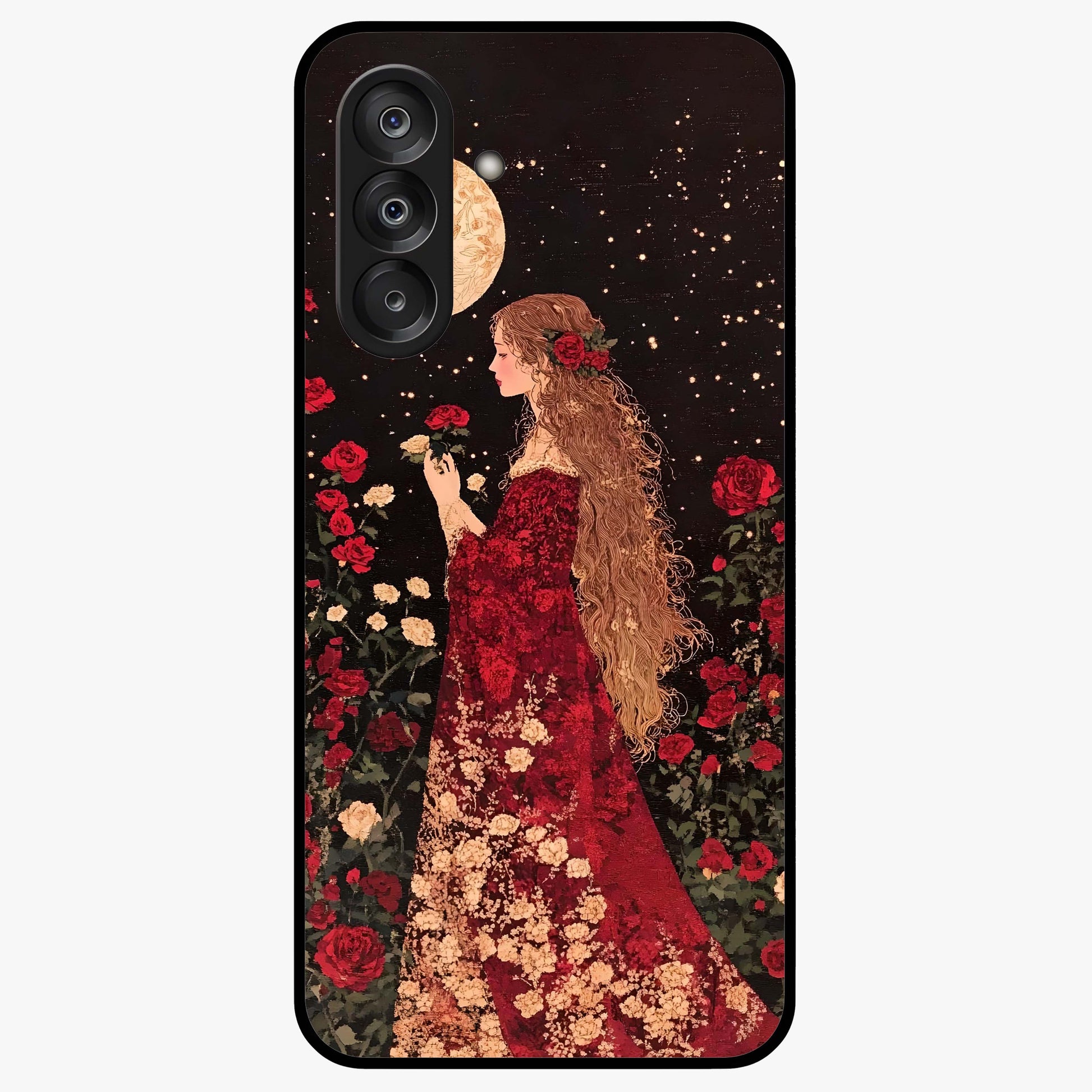 Crimson Dreams Glass Case showing flat back view with dreamy crimson artwork and glossy glass finish.