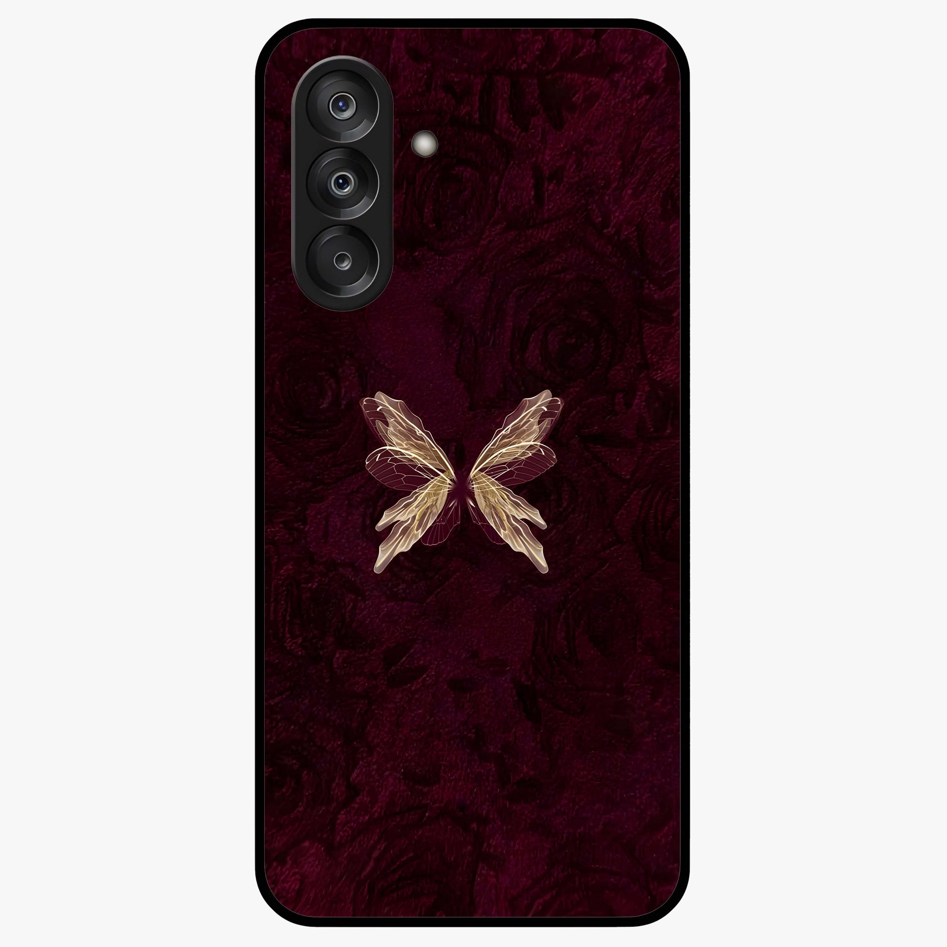 Crimson Fade Butterfly Glass Case showing flat back view with fading butterfly artwork and glossy glass finish.