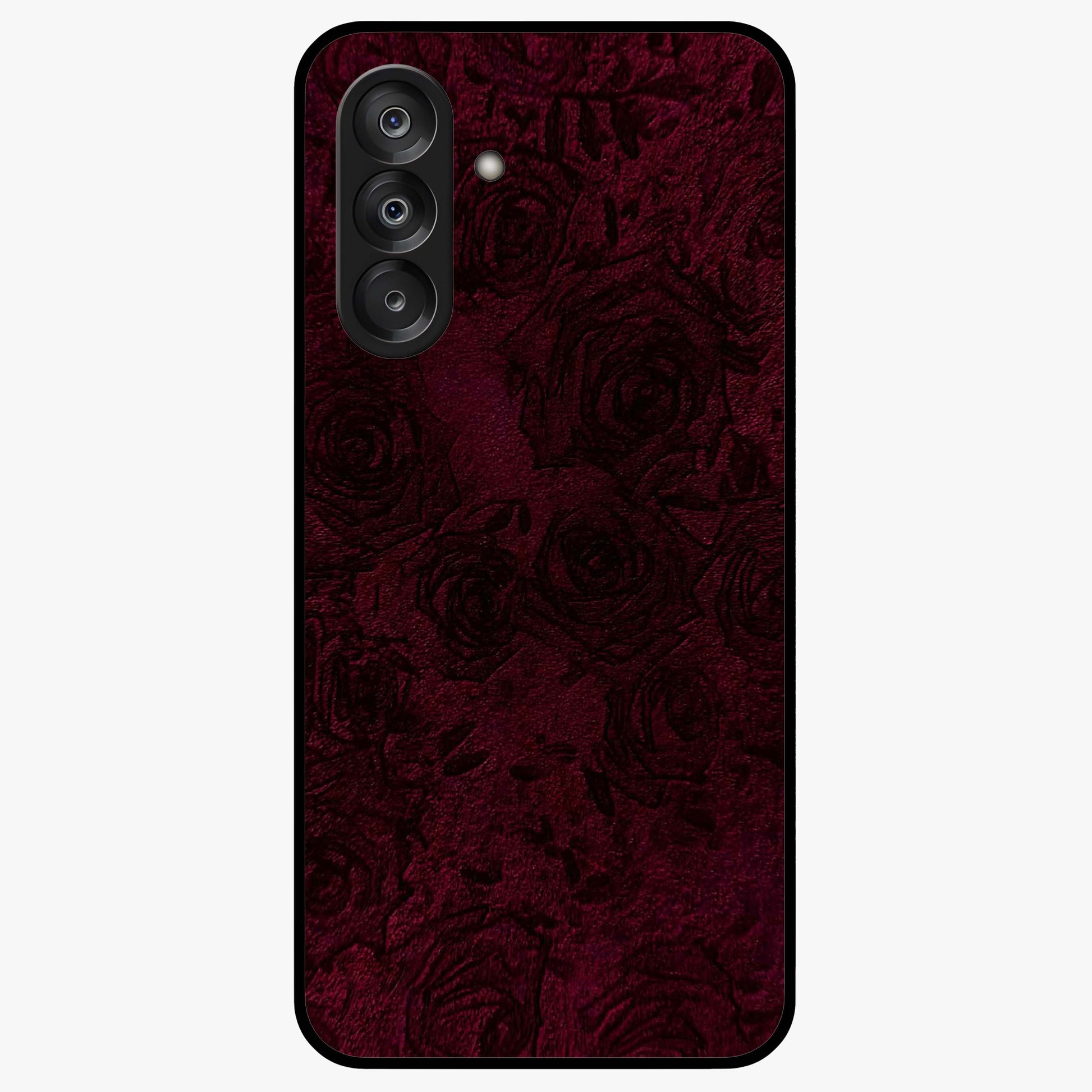 Crimson Fade Flow Glass Case showing flat back view with flowing crimson gradient artwork and glossy glass finish.