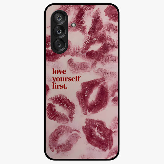 Crimson Kiss Love Glass Case showing flat back view with romantic crimson themed artwork and glossy glass finish.