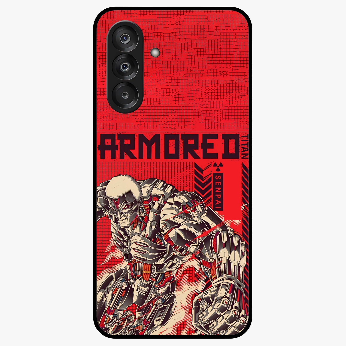 Crimson Mecha Titan Glass Case showing flat back view with powerful mech titan artwork and glossy glass finish.