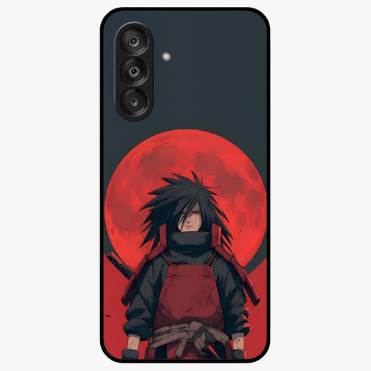 Crimson Moon Warlord Glass Case showing flat back view with mystical moon warrior artwork and glossy glass finish.