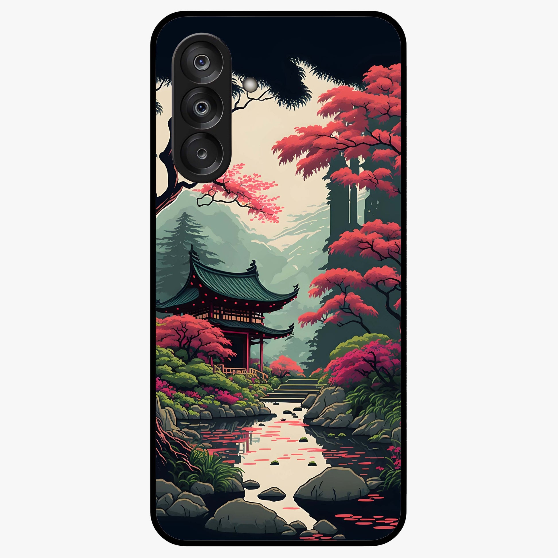 Crimson Temple View Glass Case showing flat back view with temple inspired artwork and glossy glass finish.