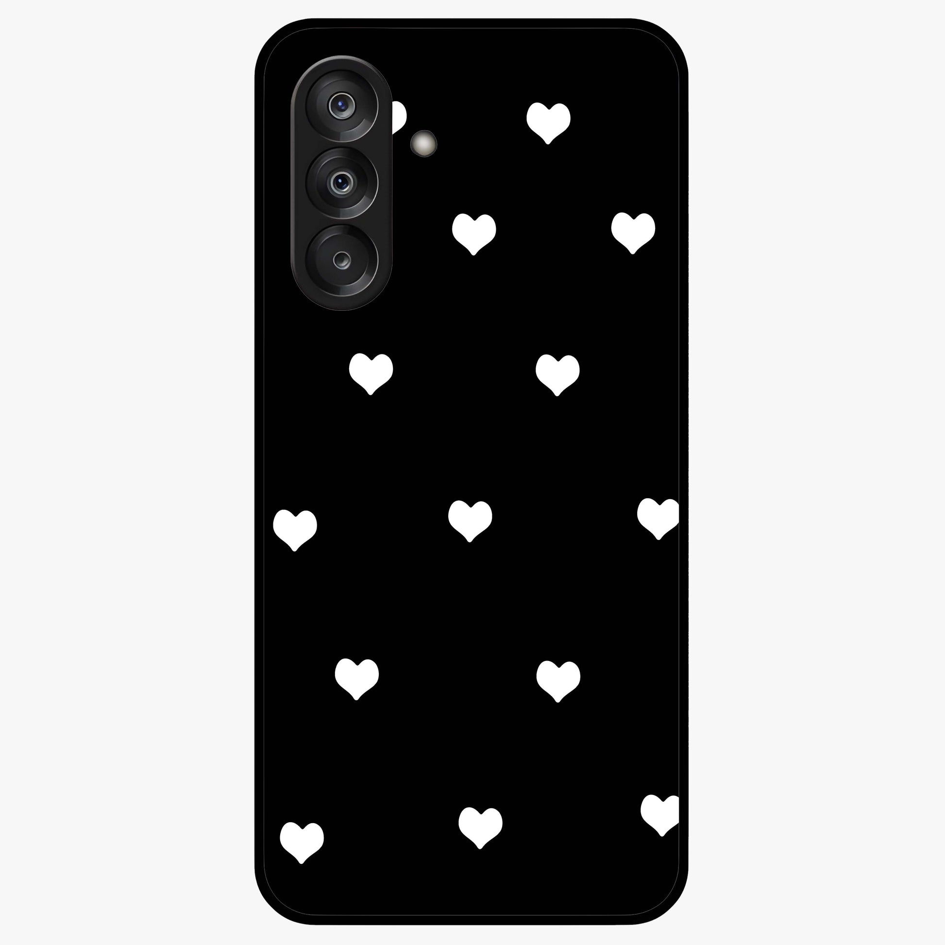 Cute And Simple White Hearts Glass Case showing flat back view with minimal white heart pattern and glossy glass finish.