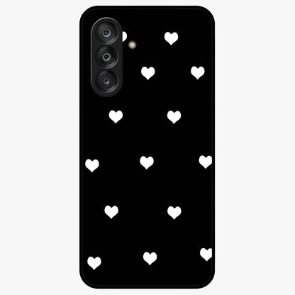 Cute And Simple White Hearts Glass Case showing flat back view with minimal white heart pattern and glossy glass finish.