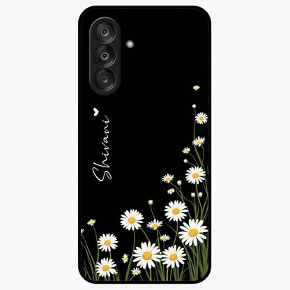 Daisy Cascade Custom Name Glass Case showing flat back view with cascading daisy flowers and personalized name design.