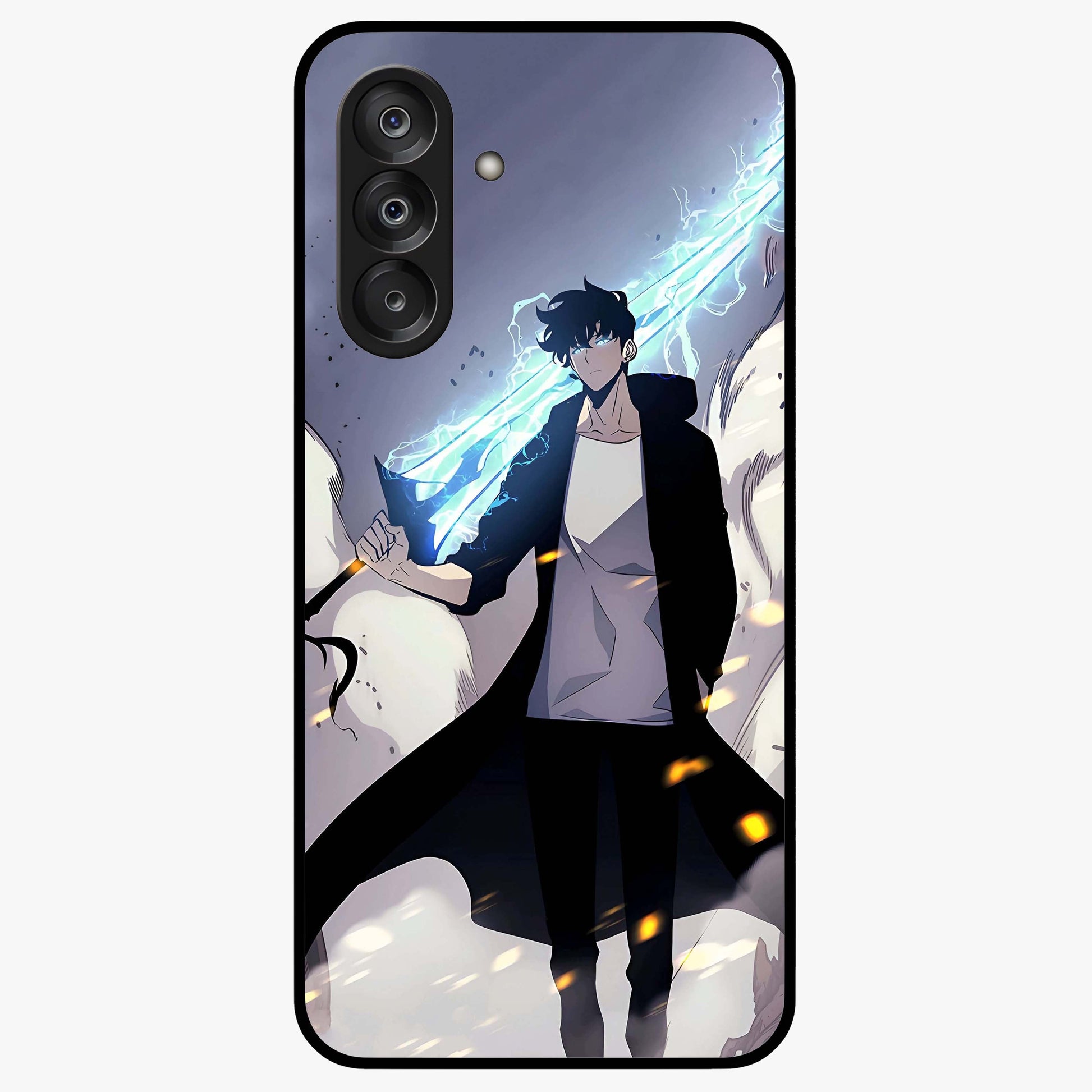 Dark Lightning Anime Warrior Glass Case showing flat back view with intense anime warrior artwork and glossy glass finish.