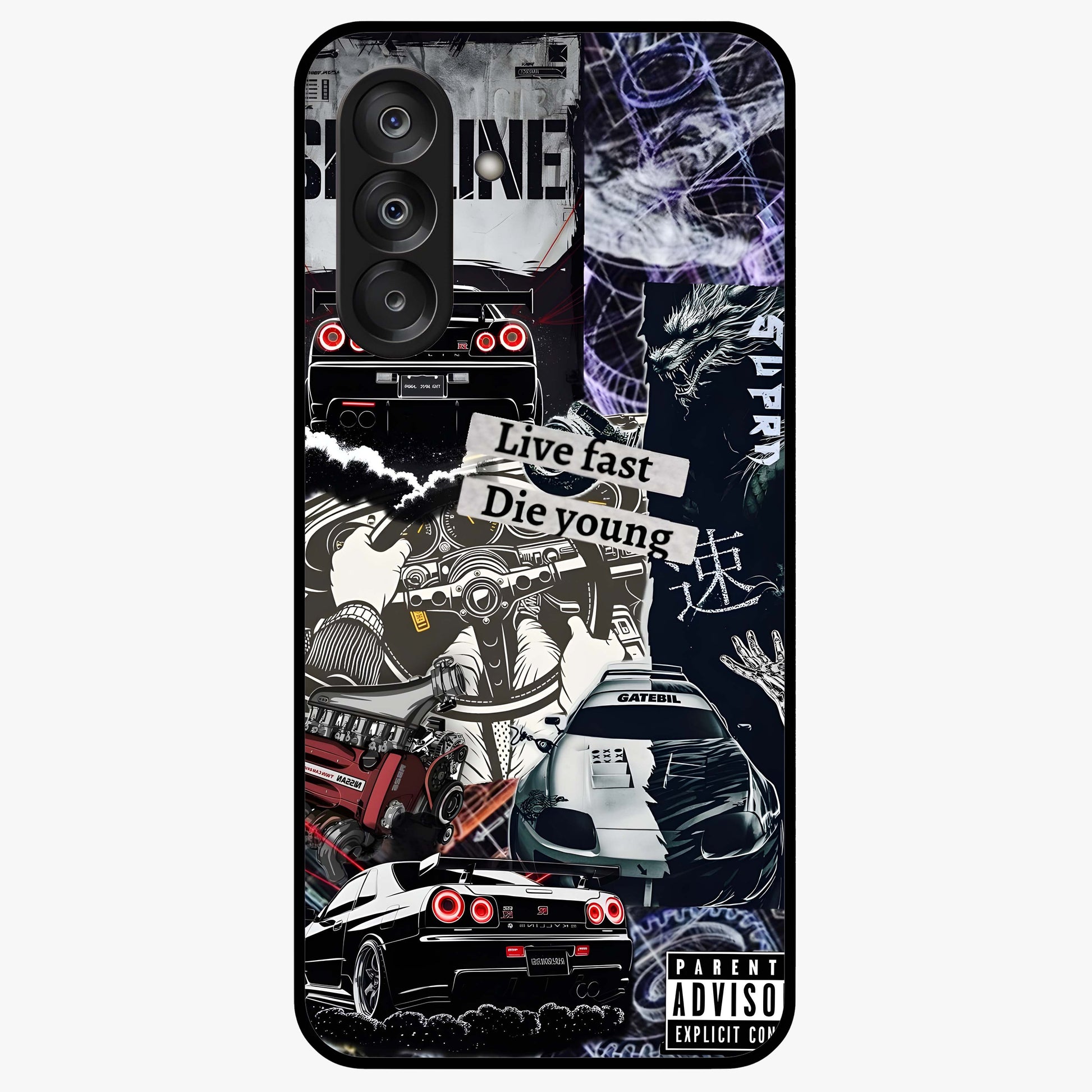 Die Young Glass Case showing flat back view with bold artistic typography design and glossy glass finish.