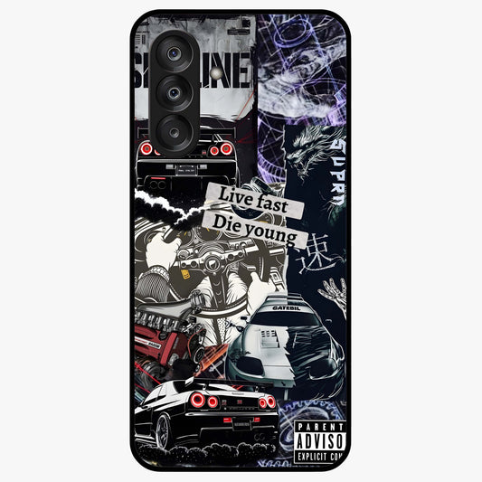 Die Young Glass Case showing flat back view with bold artistic typography design and glossy glass finish.