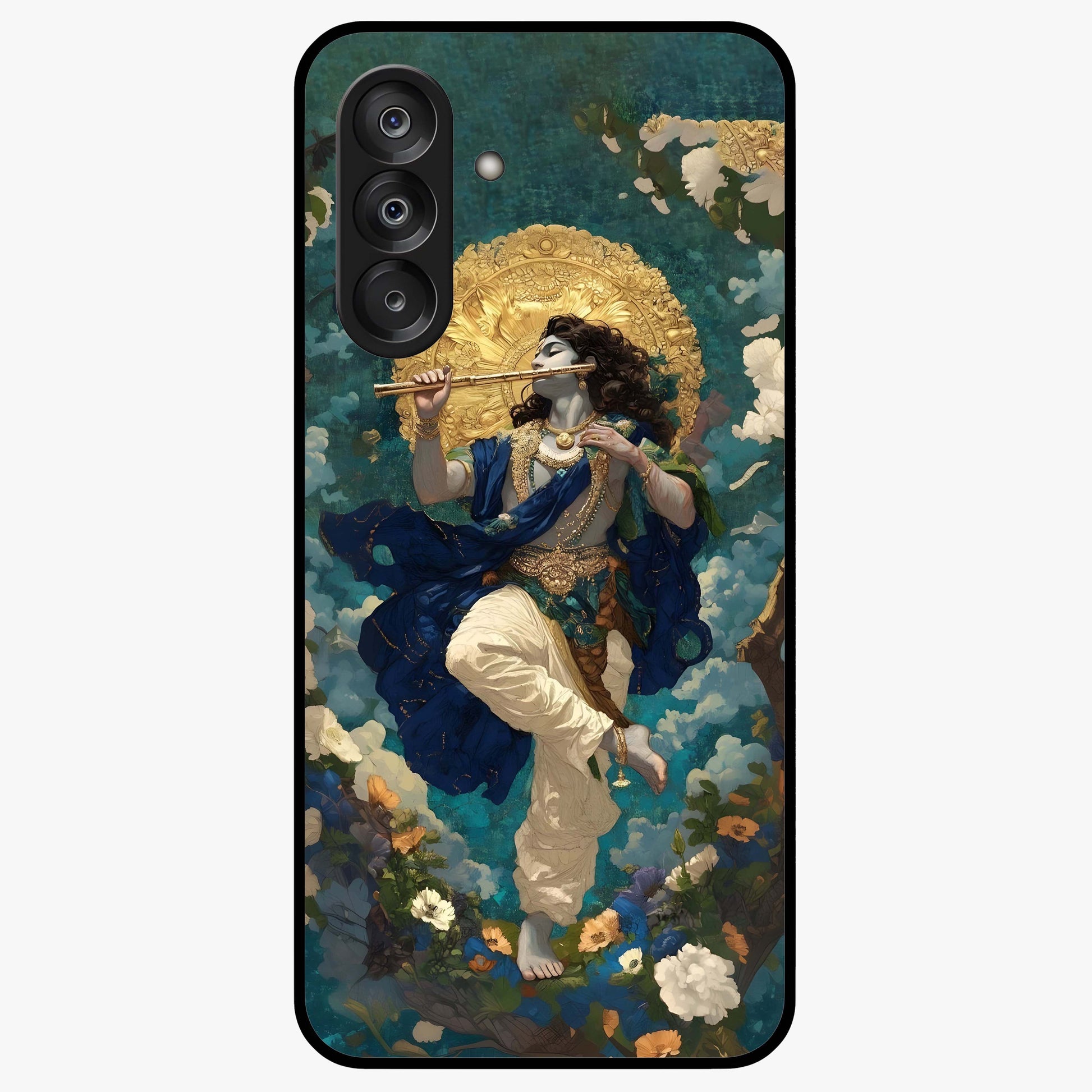 Divine Krishna Art Glass Case showing flat back view with Lord Krishna artwork and glossy glass finish.