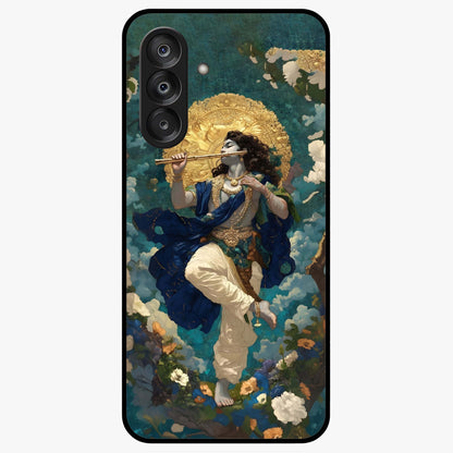 Divine Krishna Art Glass Case showing flat back view with Lord Krishna artwork and glossy glass finish.