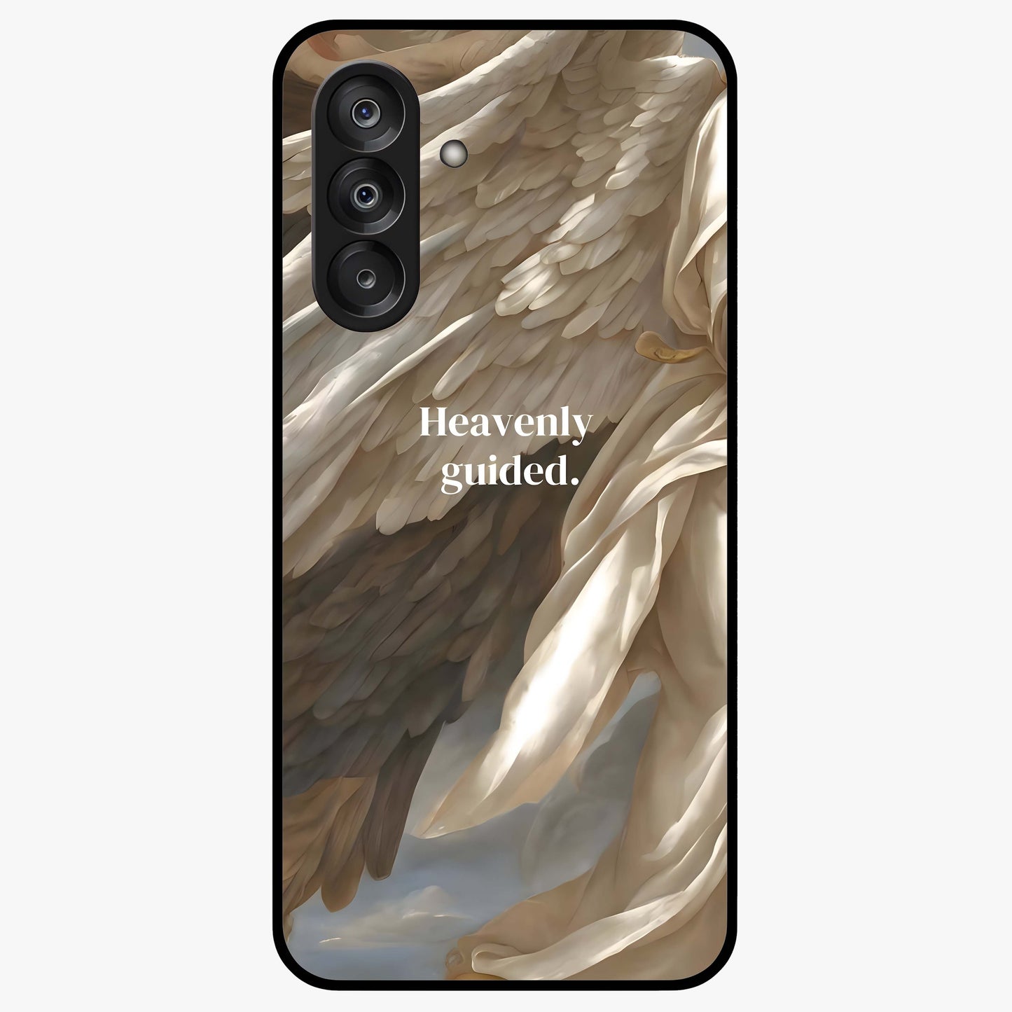 Divine Winged Grace Glass Case showing flat back view with elegant wing inspired artwork and glossy glass finish.