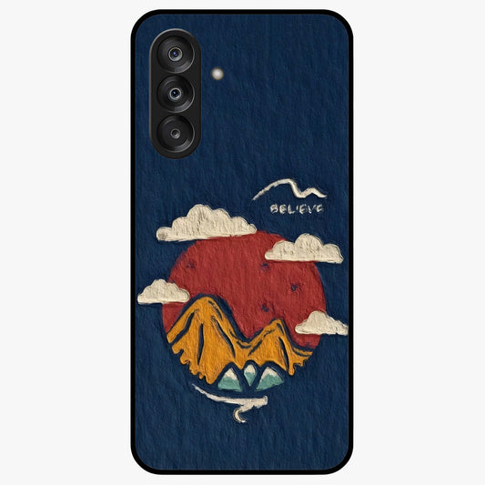 Dream Beyond Mountains Glass Case showing flat back view with scenic mountain landscape artwork and glossy glass finish.