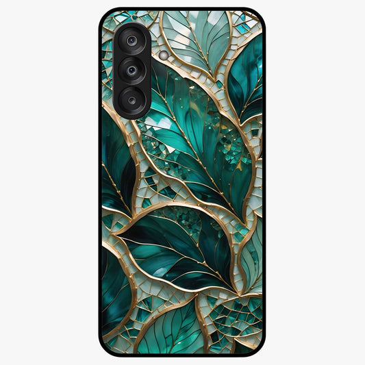 Emerald Leaf Glass Glass Case showing flat back view with emerald green leaf artwork and glossy glass finish.