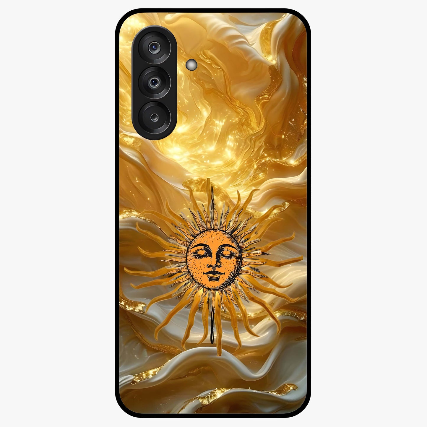 Eternal Golden Glow Glass Case showing flat back view with radiant golden themed artwork and glossy glass finish.