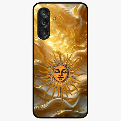 Eternal Golden Glow Glass Case showing flat back view with radiant golden themed artwork and glossy glass finish.