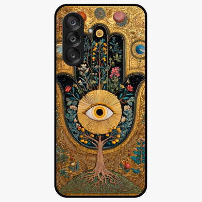 Ethereal Evil Eye Glass Case showing flat back view with mystical evil eye artwork and glossy glass finish.