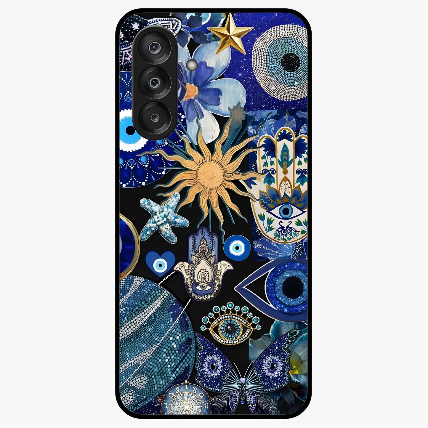 Evil Eye Charm Mix Glass Case showing flat back view with multiple evil eye charms artwork and glossy glass finish.