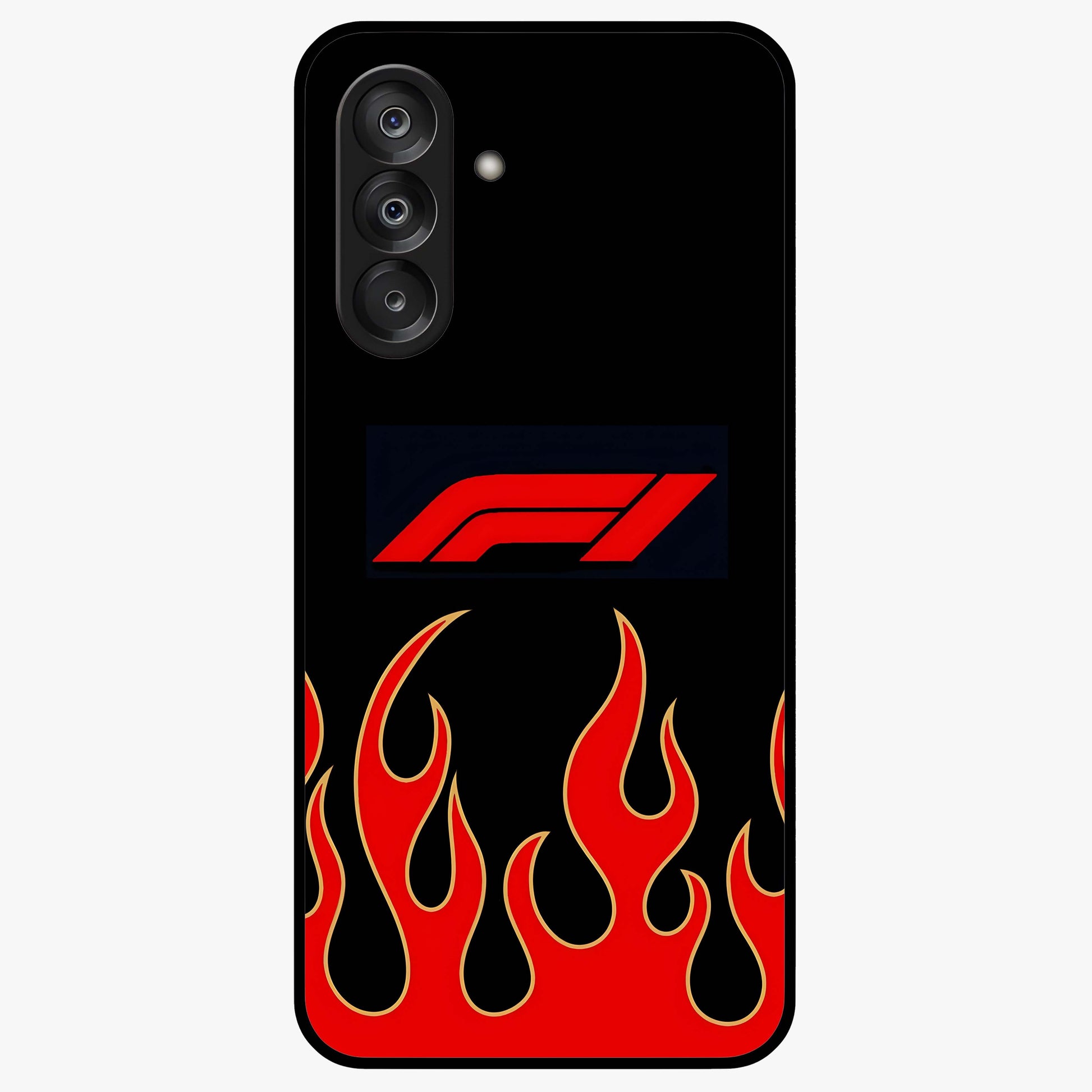 Fire F11 Glass Case showing flat back view with fiery themed artwork and glossy glass finish.