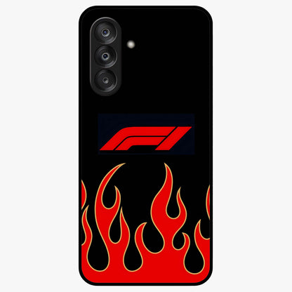 Fire F11 Glass Case showing flat back view with fiery themed artwork and glossy glass finish.