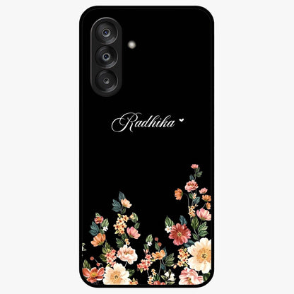 Floral Design With a Custom Personalized Name Glass Case showing flat back view with floral artwork and personalized name design.