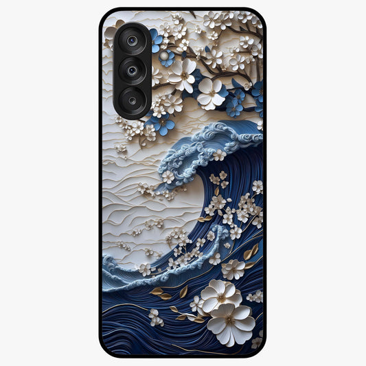 Floral Wave Origami Glass Case showing flat back view with origami inspired floral wave artwork and glossy glass finish.