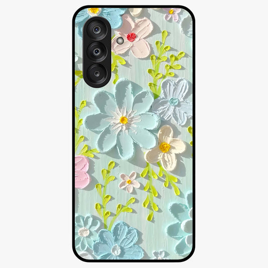 Frosted Petal Garden Glass Case showing flat back view with soft frosted floral artwork and glossy glass finish.