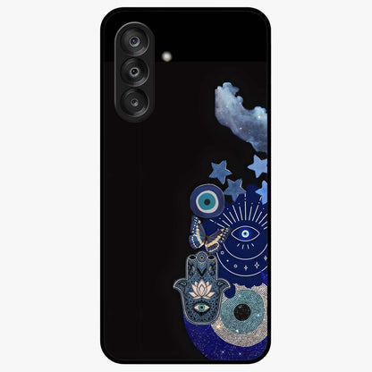Galactic Charm Cluster Glass Case showing flat back view with glowing celestial charm artwork and glossy glass finish.